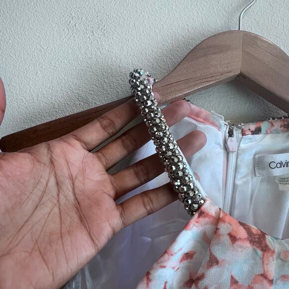 Calvin Klein Blue Floral Ruffle Halter Neckline Sleeveless Maxi Dress 4 Wedding - Picture 11 of 11